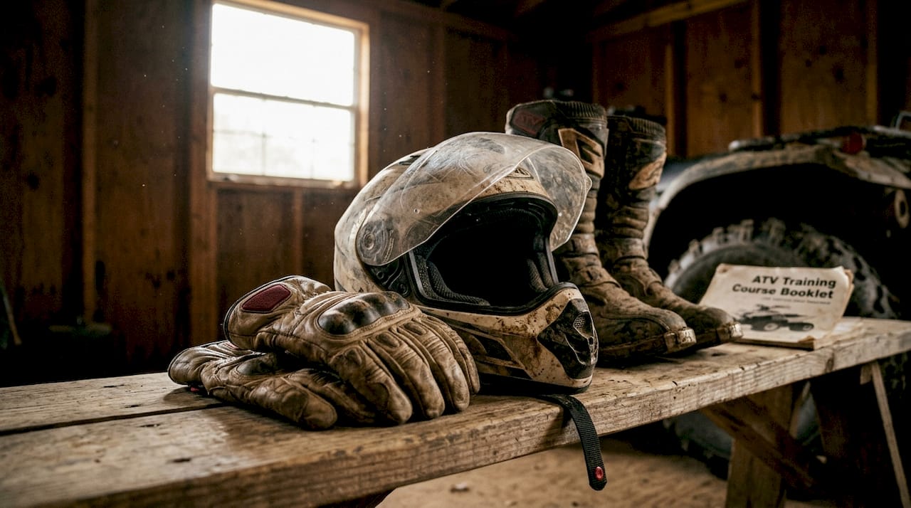 ATV safety gear with helmet gloves boots
