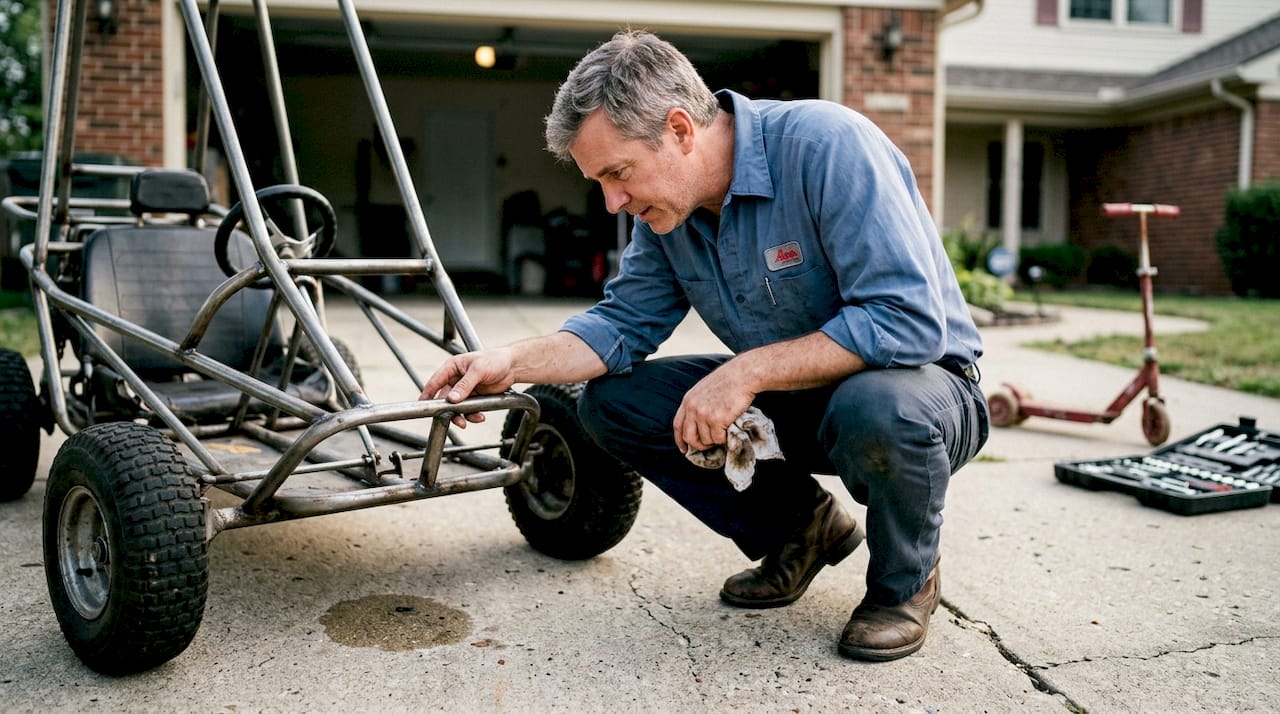 Person inspects go-kart’s welded steel frame
