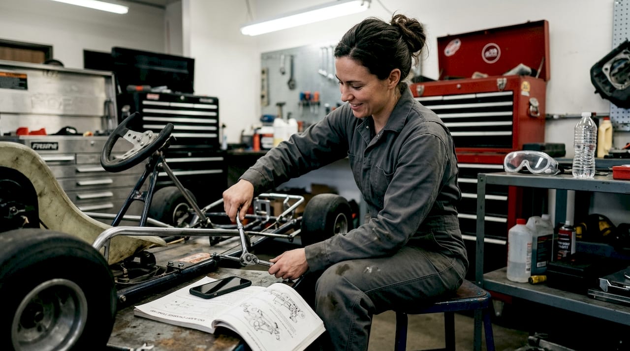 Mechanic working on go-kart chassis