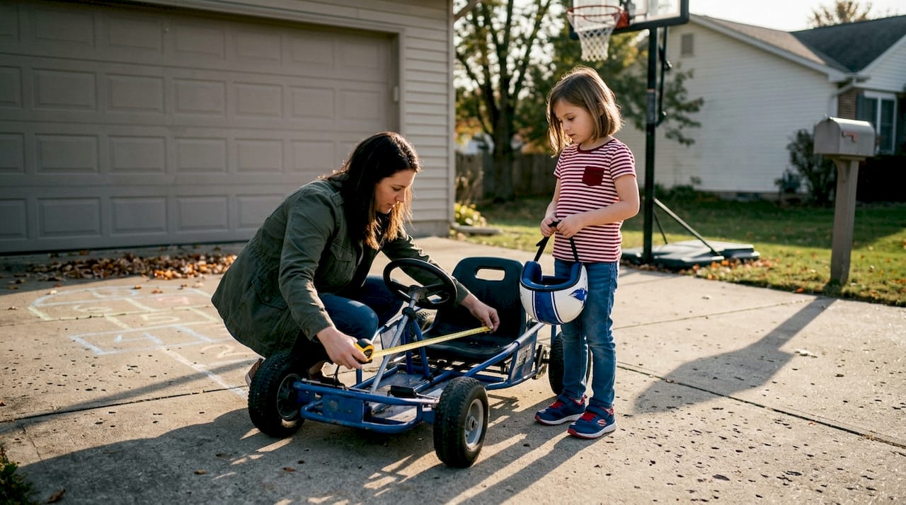 Parent measuring go-kart fit for child