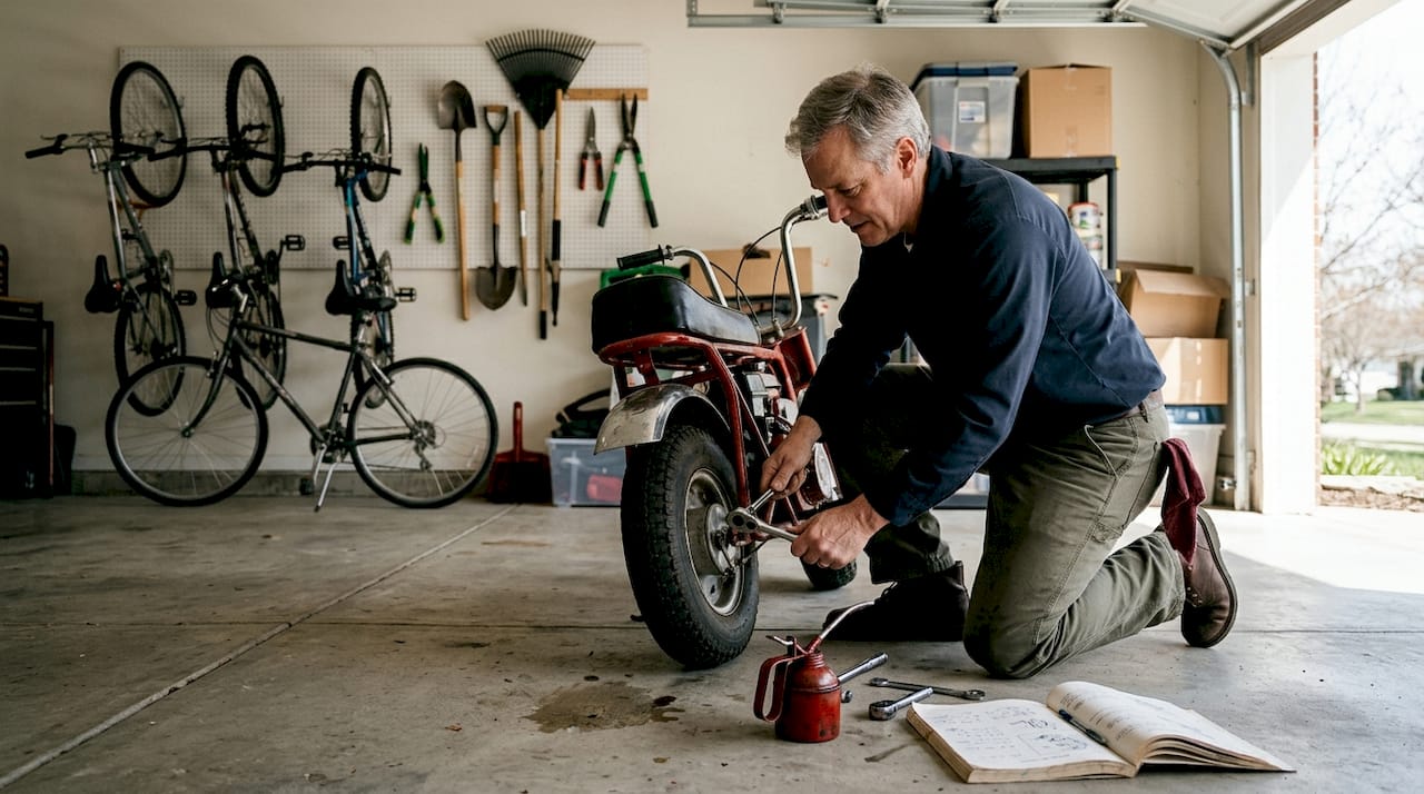 Man performing mini bike garage maintenance