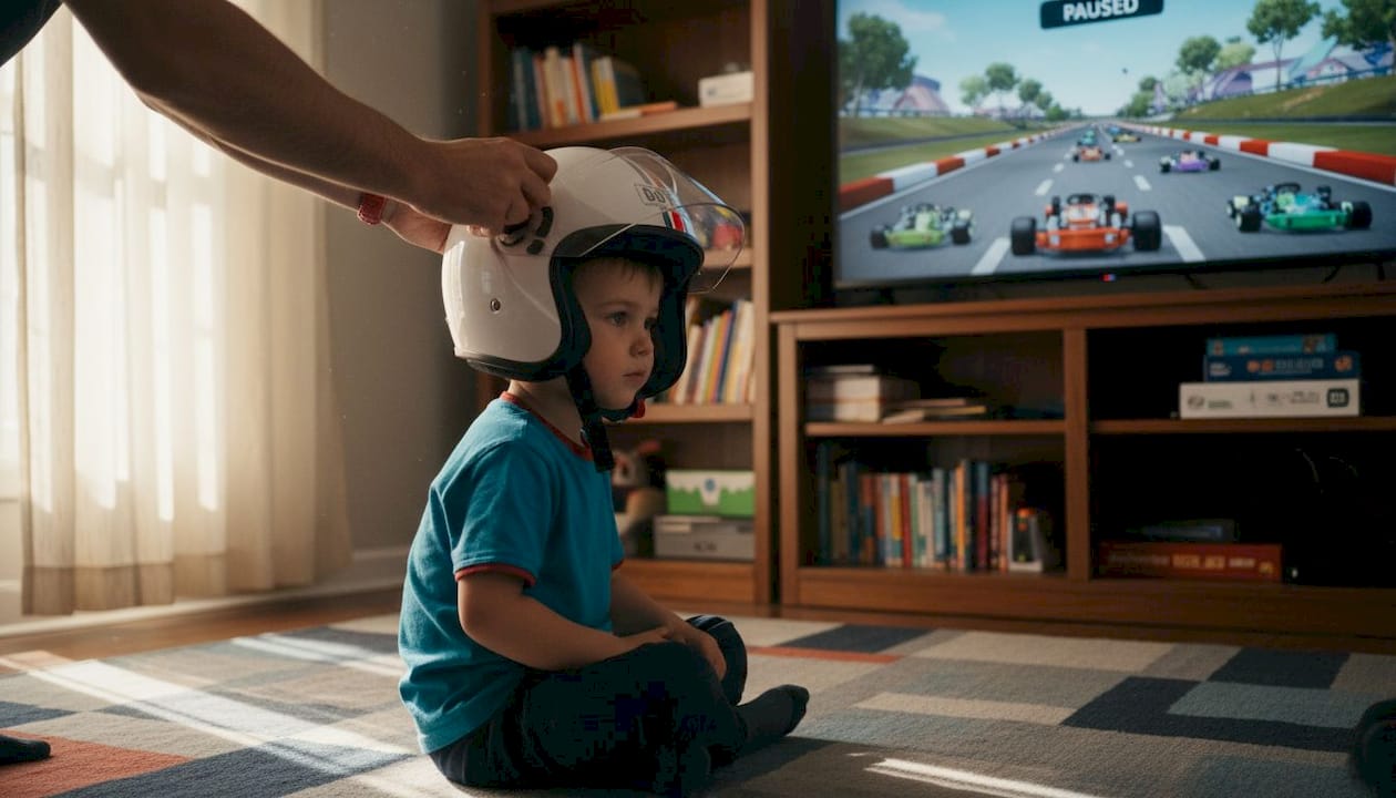 Parent fitting helmet for young go-kart rider