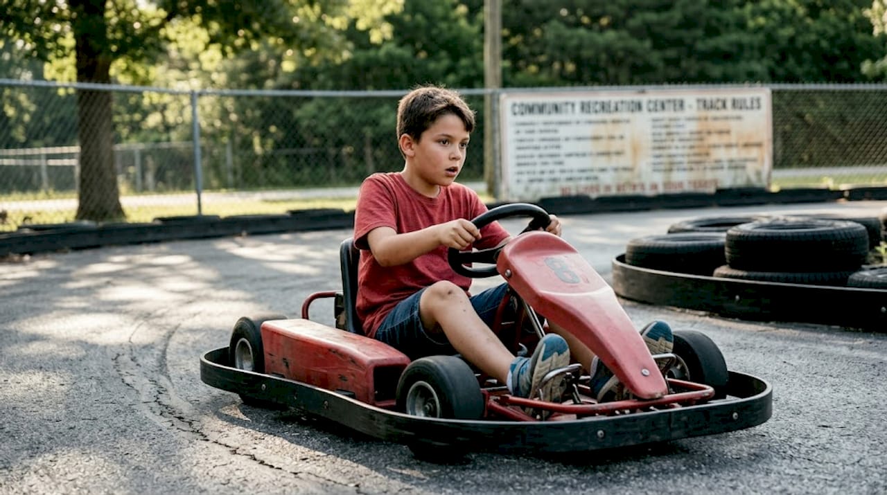 Focused child steering go-kart at curve