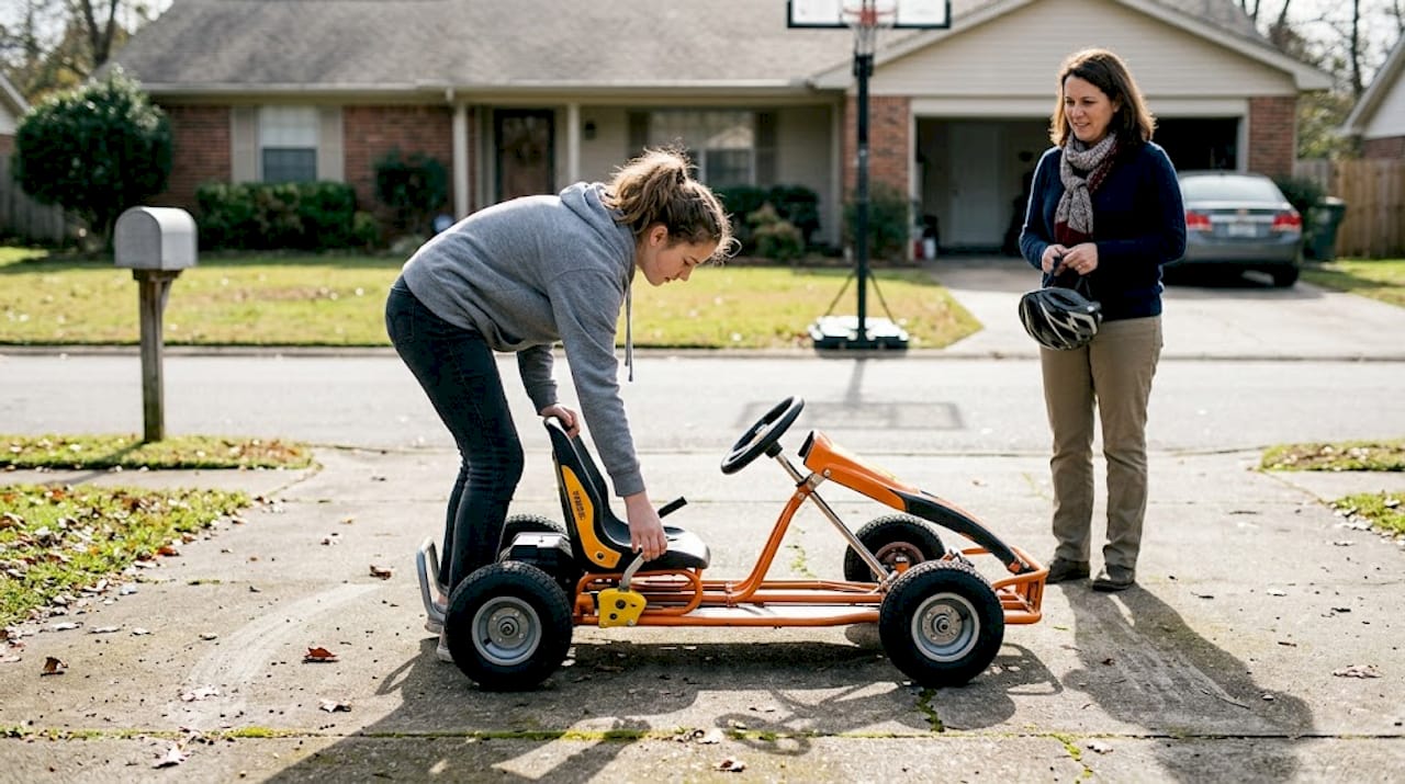 Teen girl adjusting electric go-kart seat