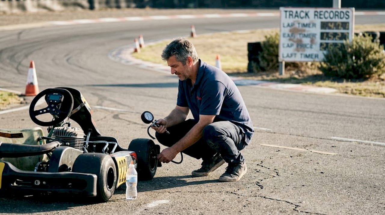 Adult checks high-performance go-kart at track