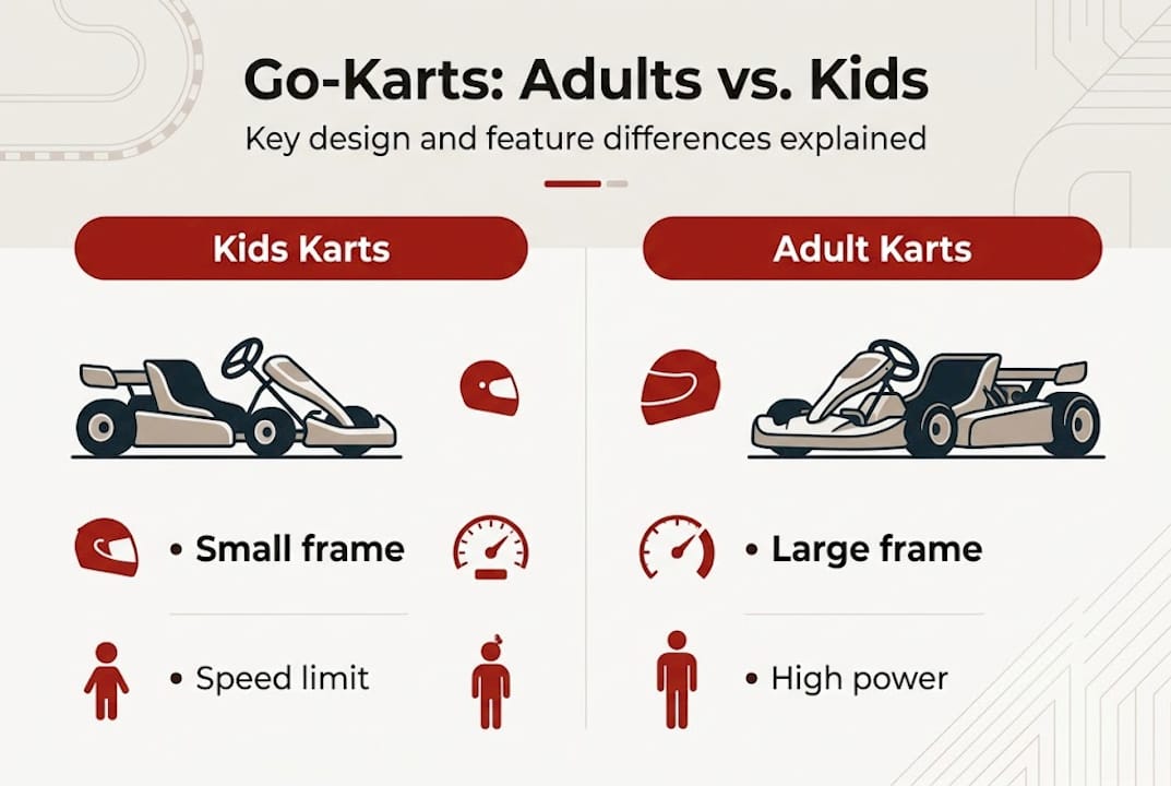 Infographic comparing adult and kids go-kart features