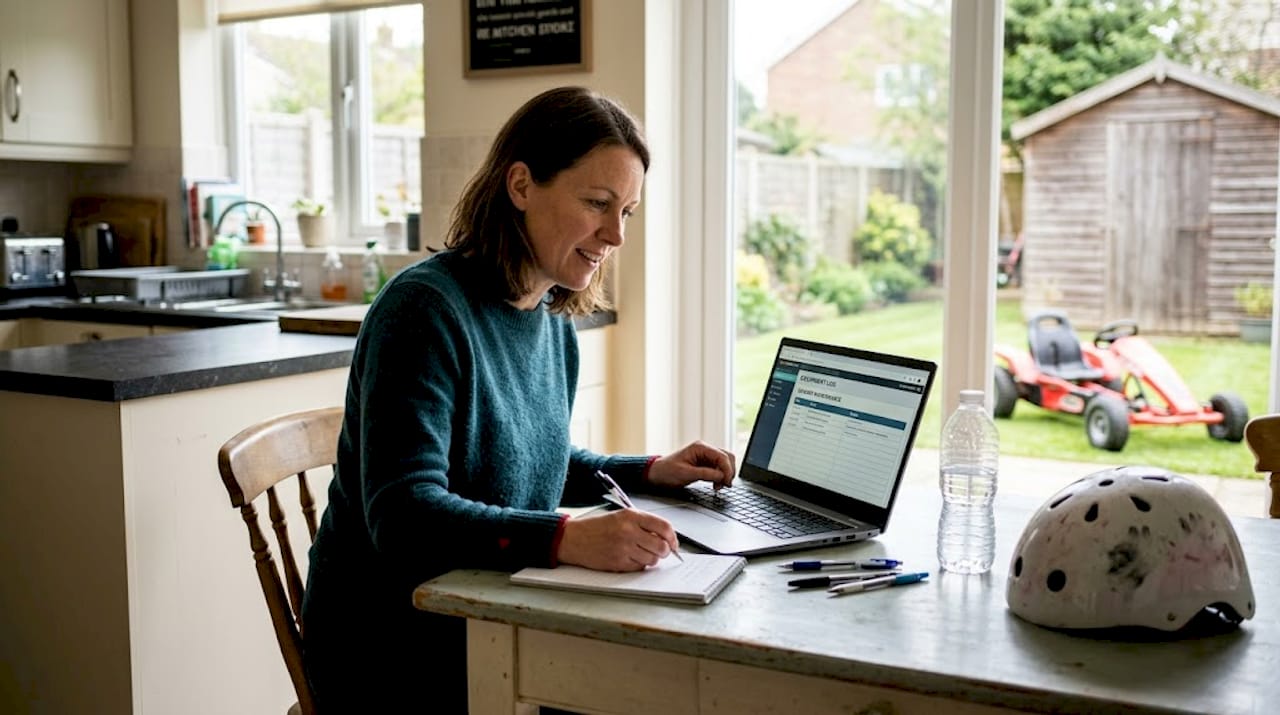 Mom making go-kart maintenance notes in kitchen