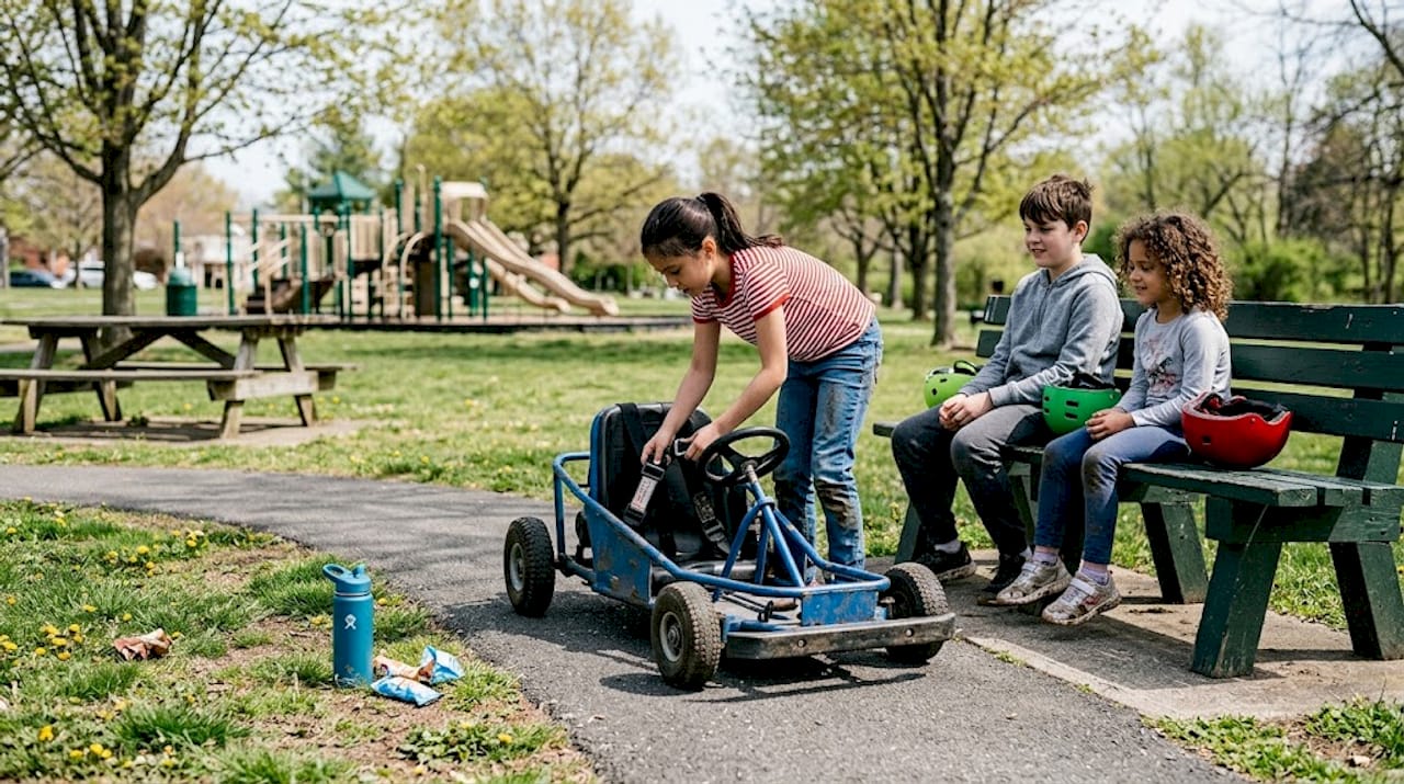 Kids driving go-kart at public park