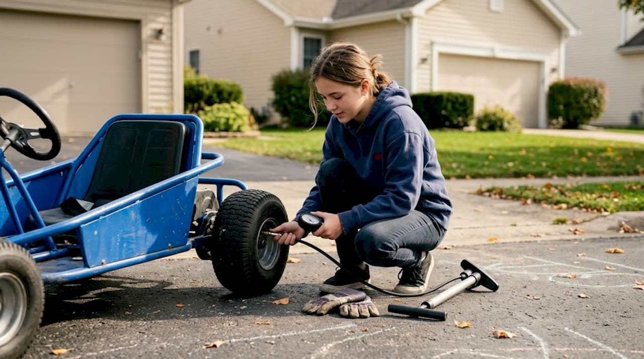 Teen checking go-kart tire pressure