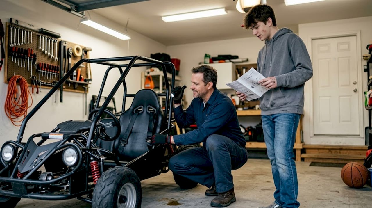 Parent inspects go-kart safety in garage