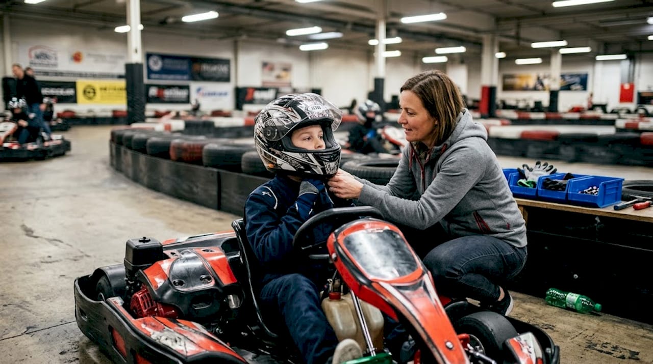 Child secures helmet in go-kart pit