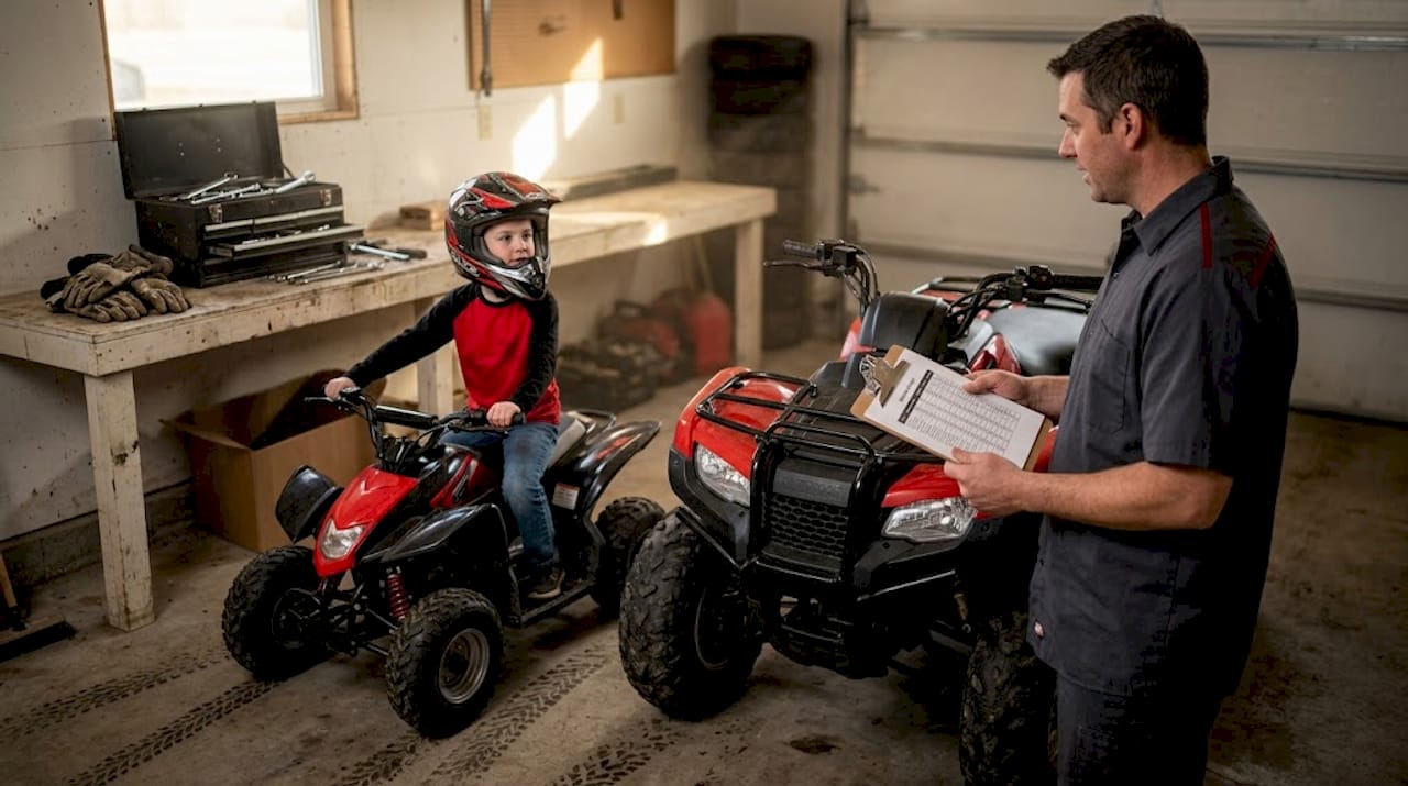 Child and parent check small ATV fit