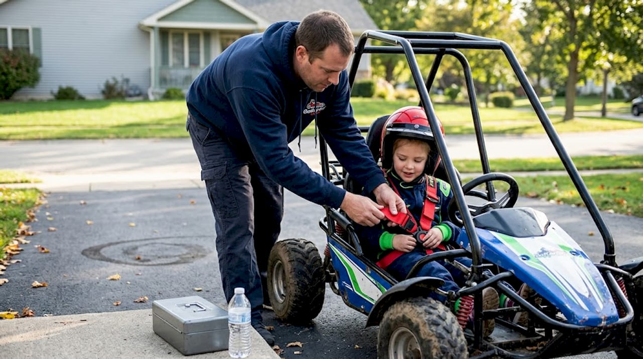 Father securing child in go-kart with roll cage