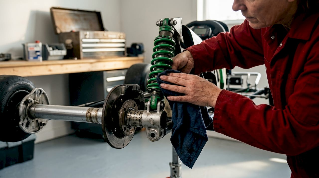Close-up coilover suspension cleaning in garage