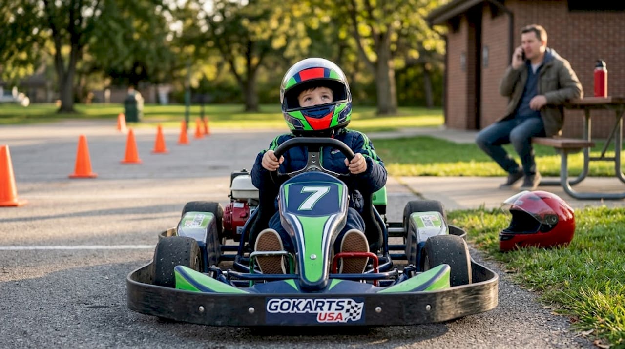 Small child sits awkwardly in large go-kart