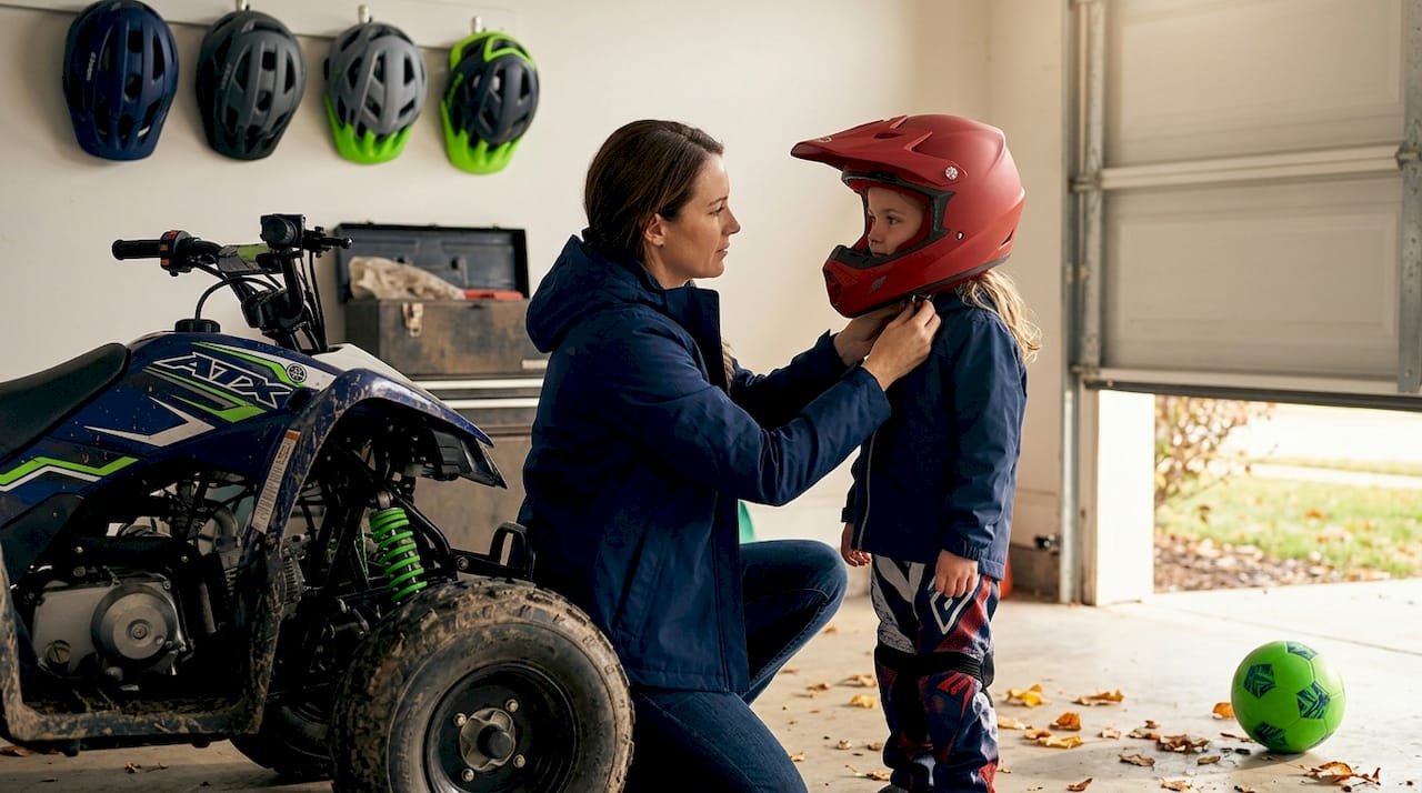 Parent fastening helmet on young rider