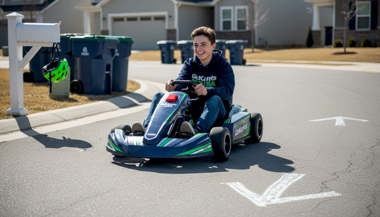 Teen drifting on electric go-kart in neighborhood