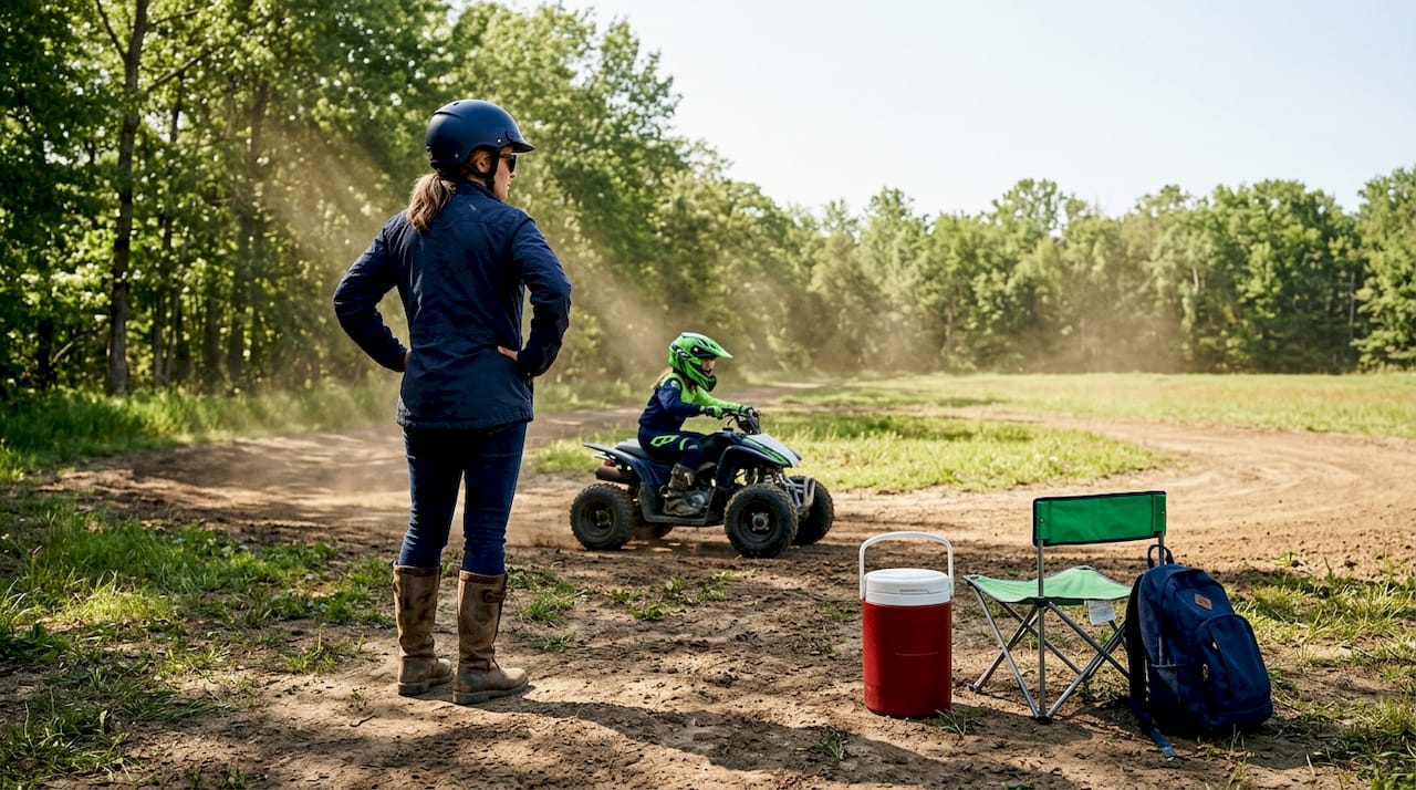 Mother supervises daughter riding ATV outdoors