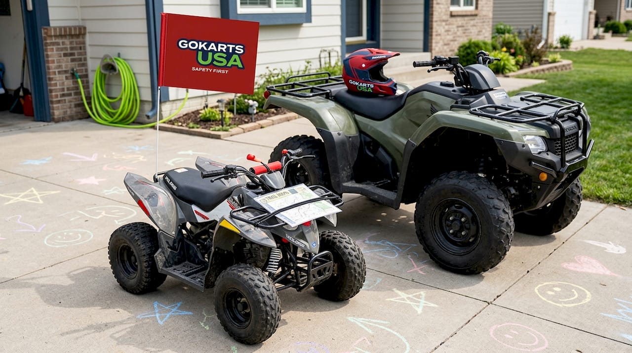 Youth and adult ATVs side by side in driveway