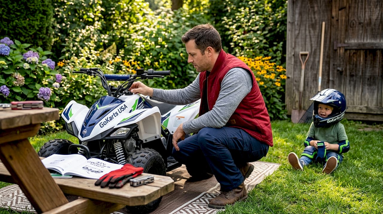 Parent checking youth ATV safety equipment