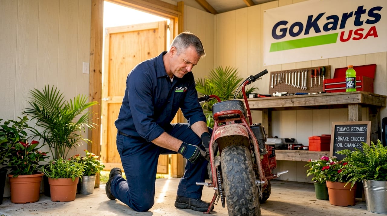 Mechanic inspects mini bike brake components