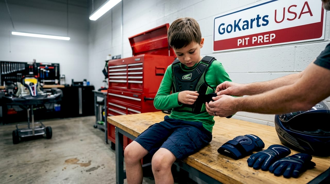 Child fitting youth body protector in garage