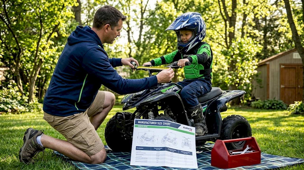Parent measuring child’s ATV handlebar reach