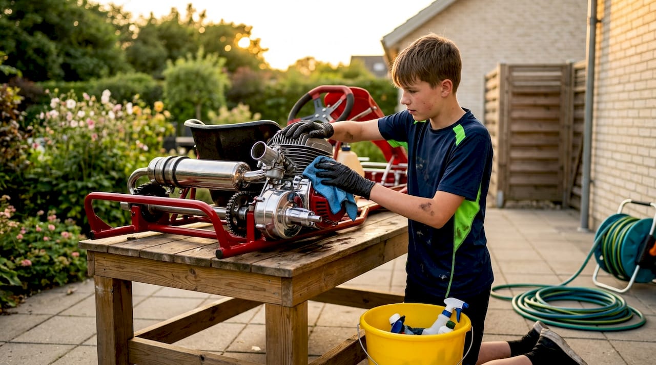 Teen cleaning go-kart engine in driveway