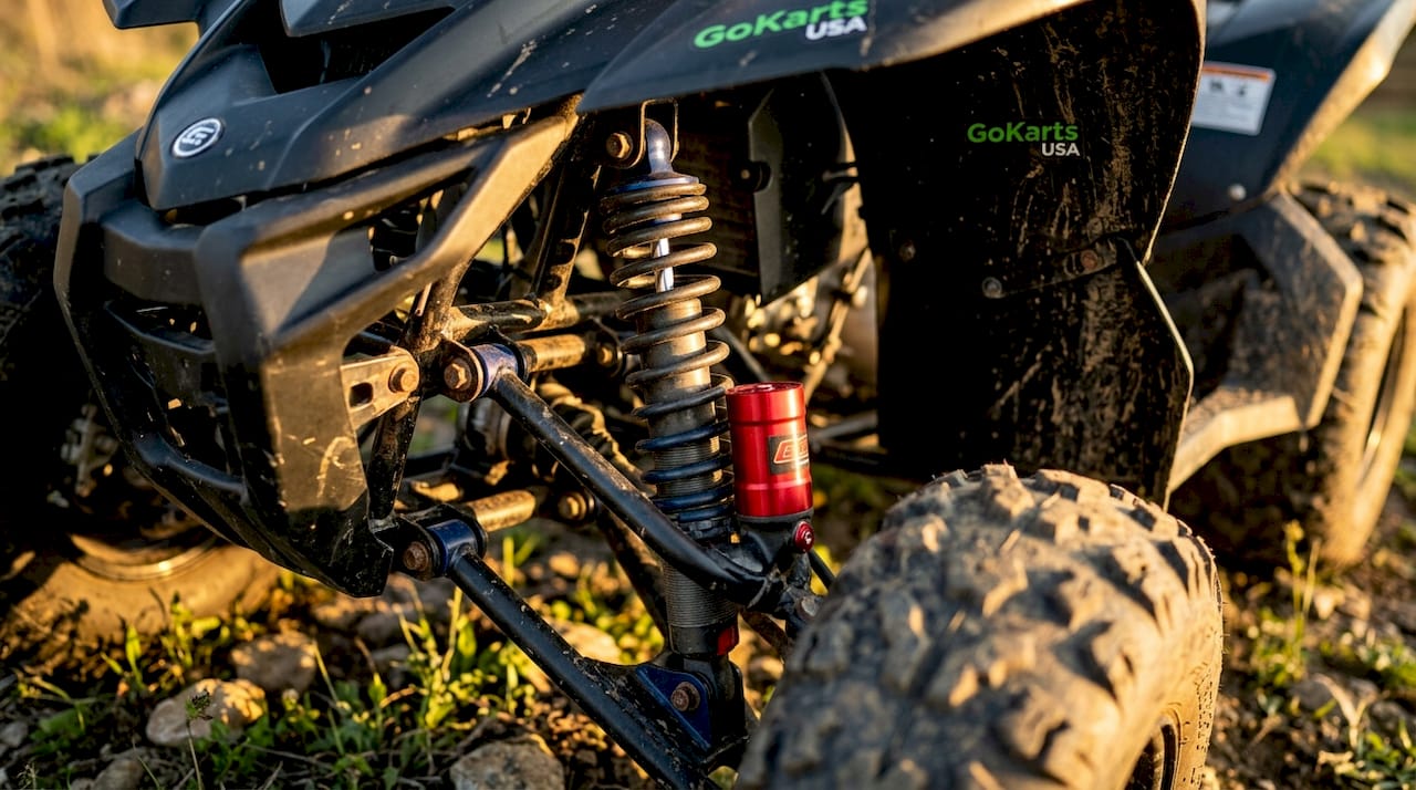 Close-up of ATV suspension and spring detail