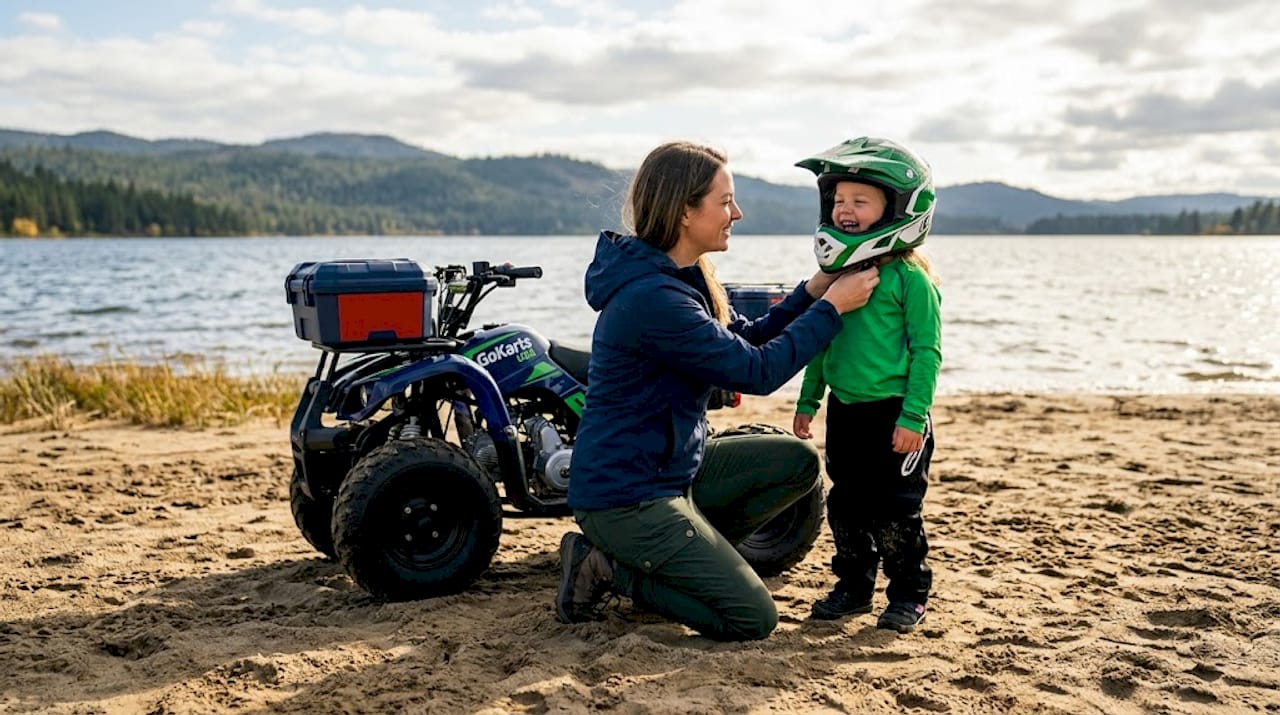 Mother helping child with powersports helmet