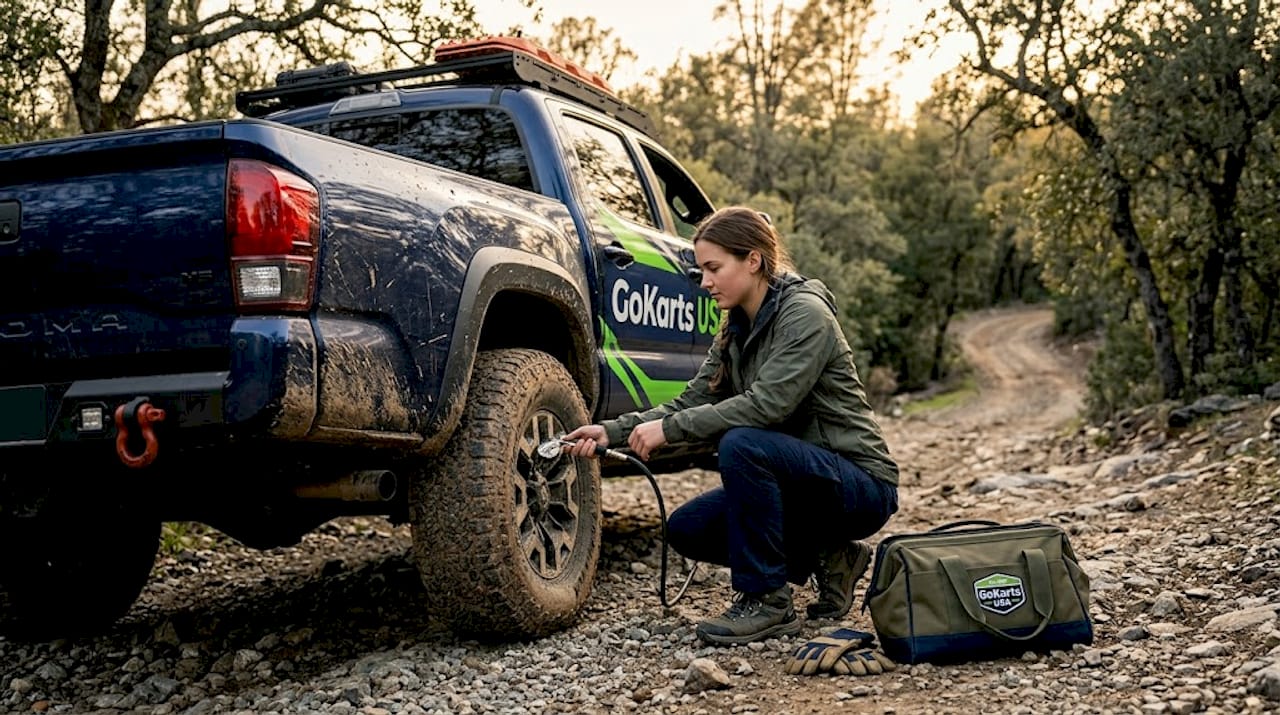 Woman checks tire pressure on 4WD truck off-road