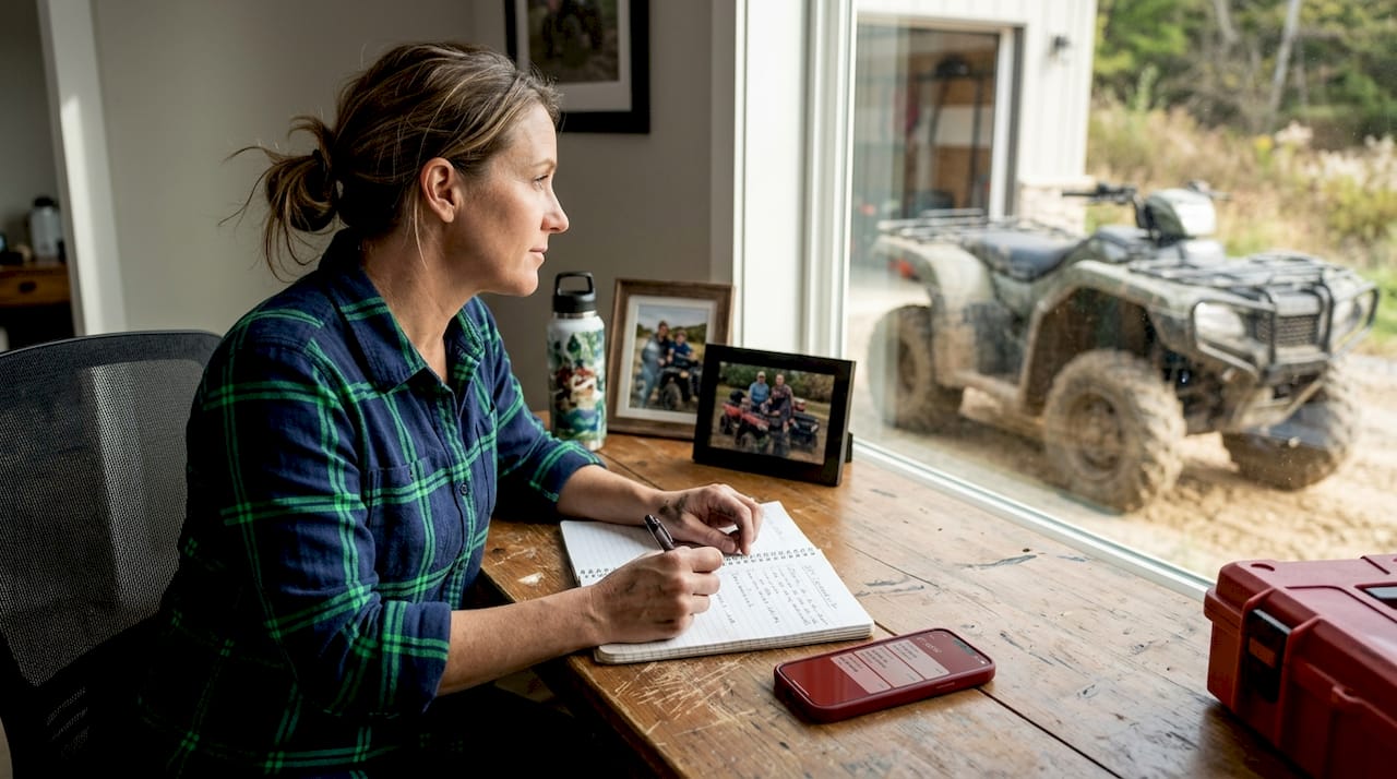 Woman updating ATV maintenance records at table