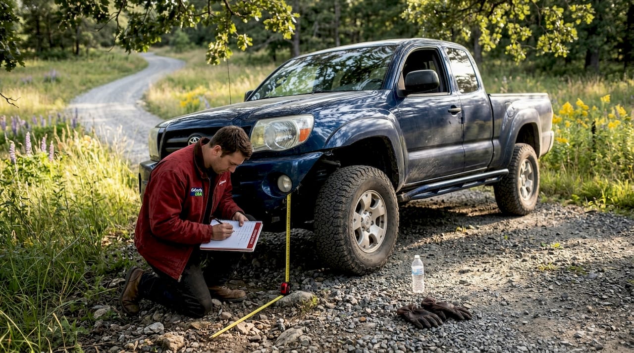 Mechanic measures truck ground clearance outdoors