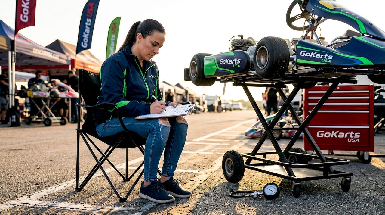 Driver logging tuning notes beside go-kart