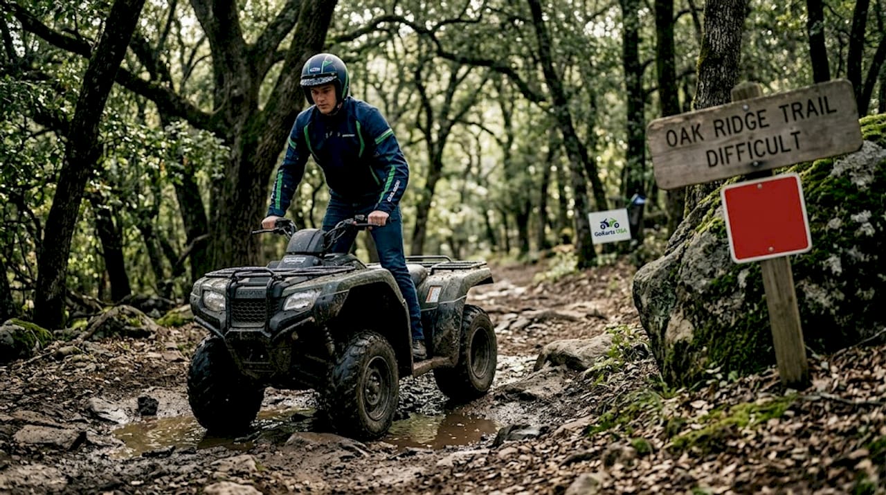 Young adult riding ATV on muddy forest trail