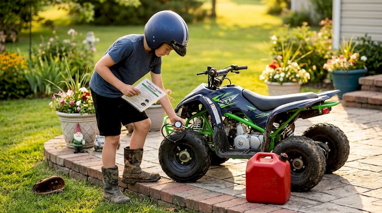Boy performing ATV rider readiness check