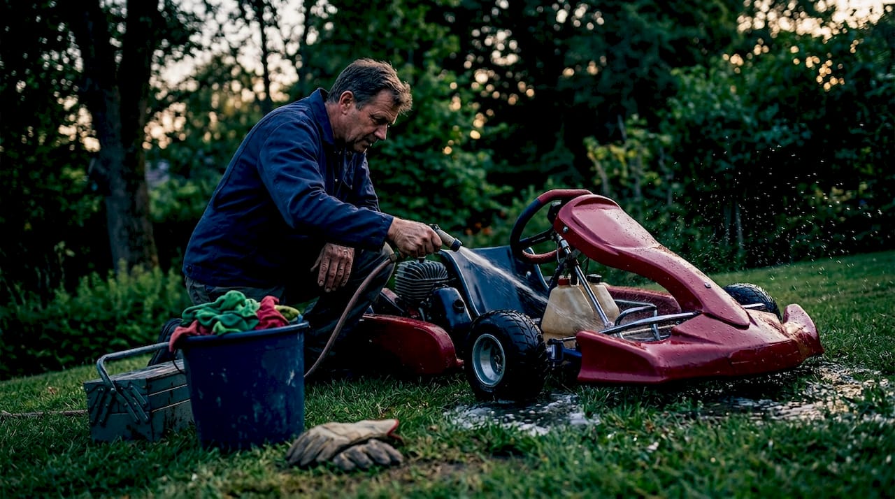 Hobbyist cleaning go-kart in driveway