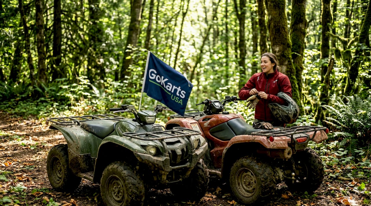 Earth-tone ATVs parked on leaf-covered trail