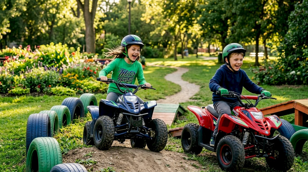 Children navigating obstacle course on ATVs