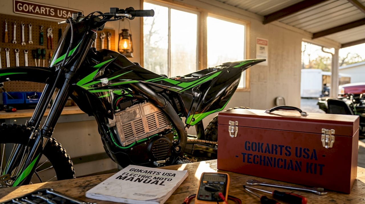 Electric motocross bike battery and wiring close-up