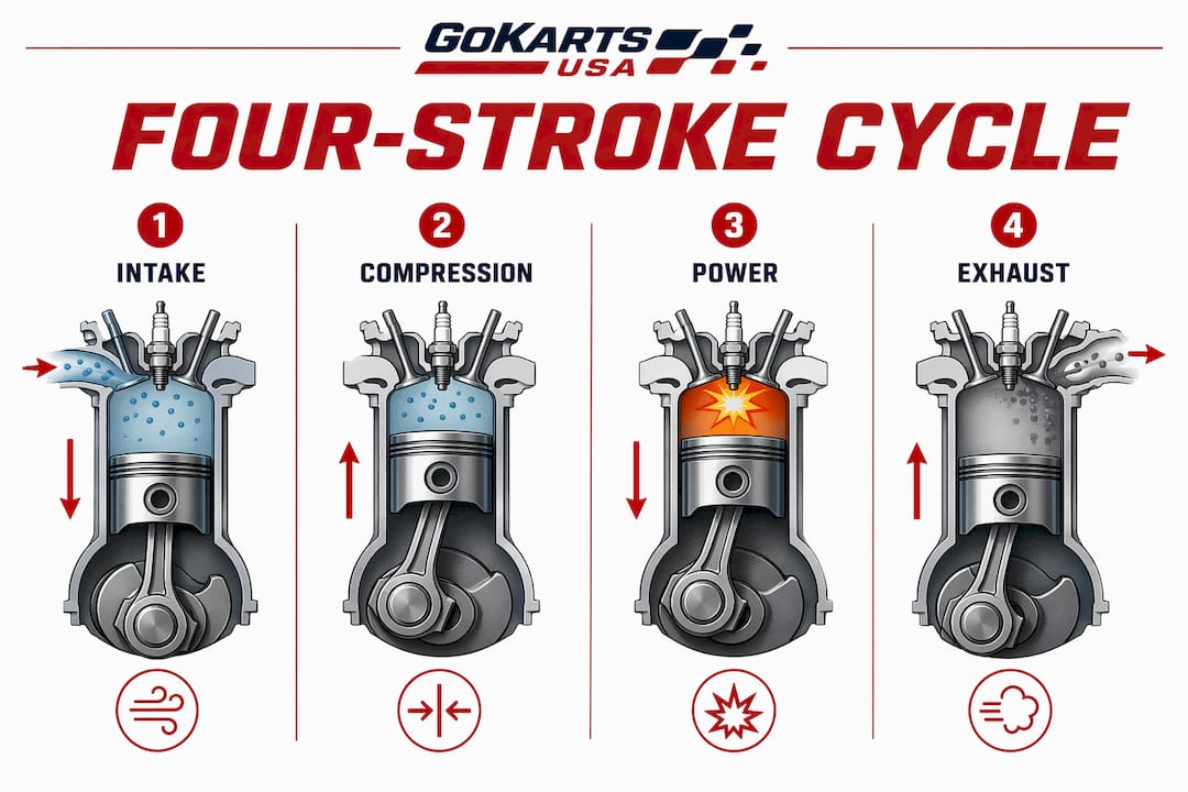Infographic showing four-stroke engine cycle steps