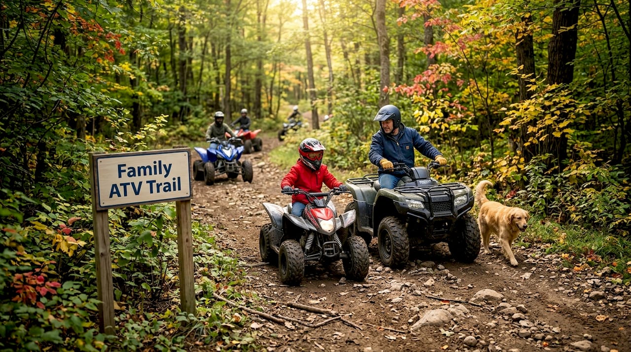 Family riding all-terrain vehicles on forest trail