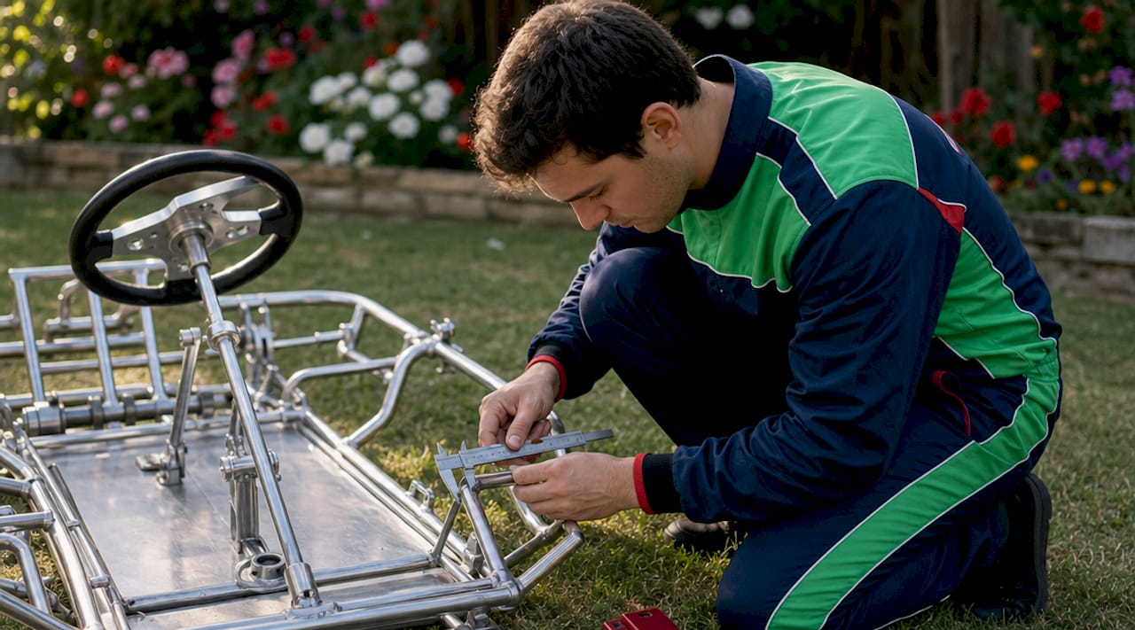 Close-up of aluminum go-kart frame with person inspecting