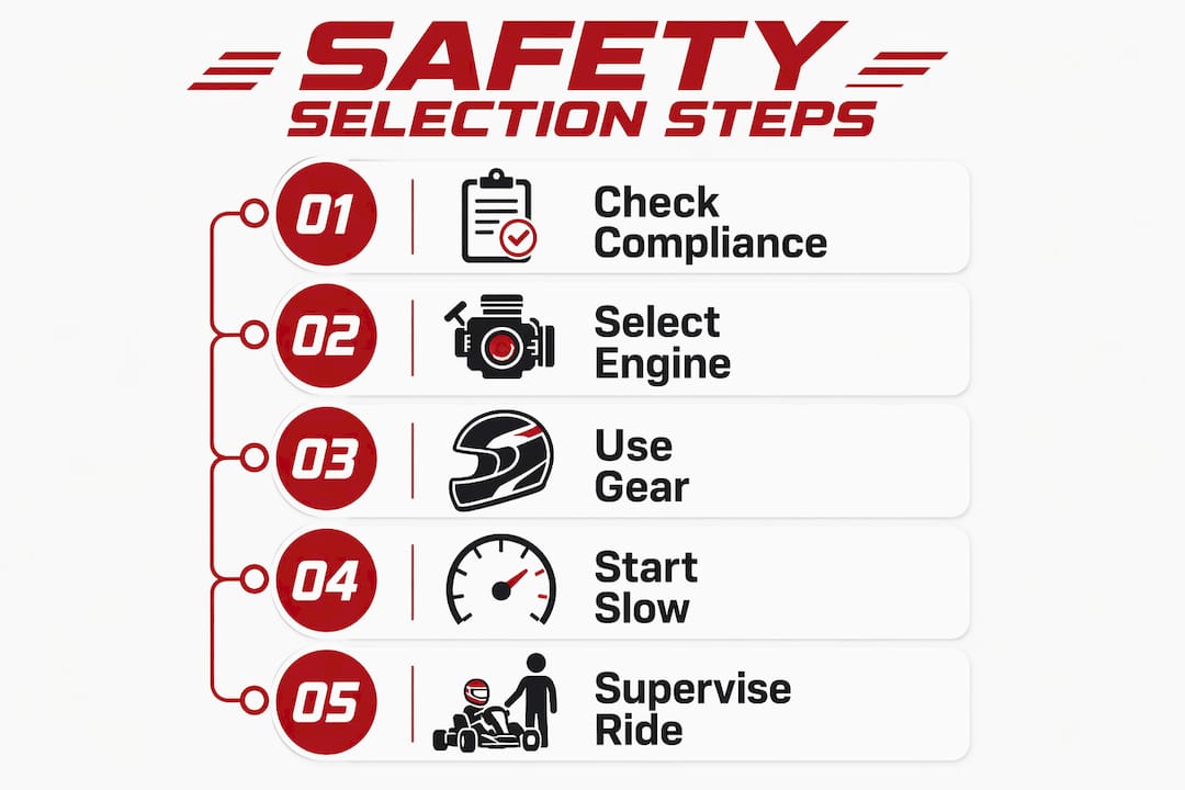 Infographic showing 5 steps to safely select kid-friendly powersports vehicles