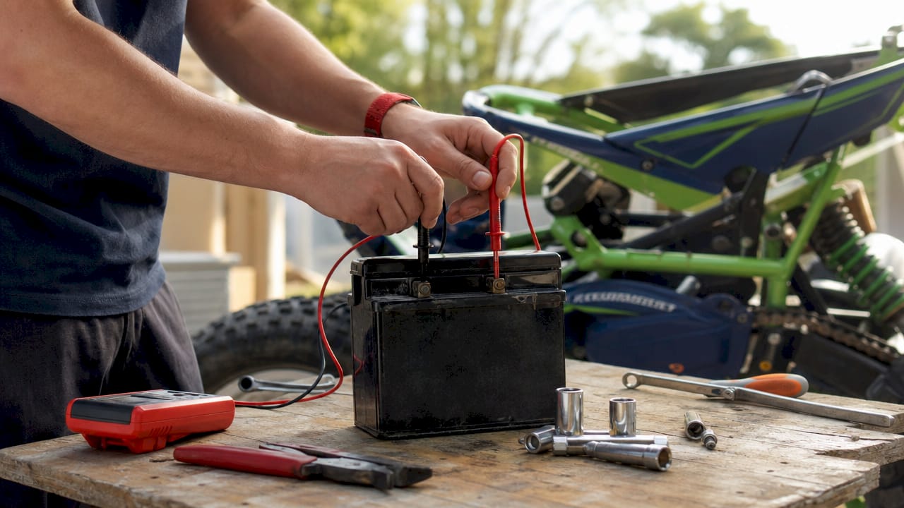 Hands testing electric powersports battery voltage