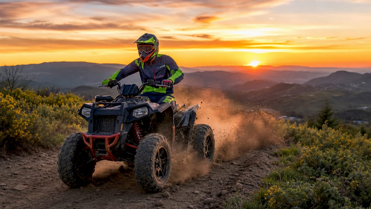 Young adult riding four-stroke ATV outdoors
