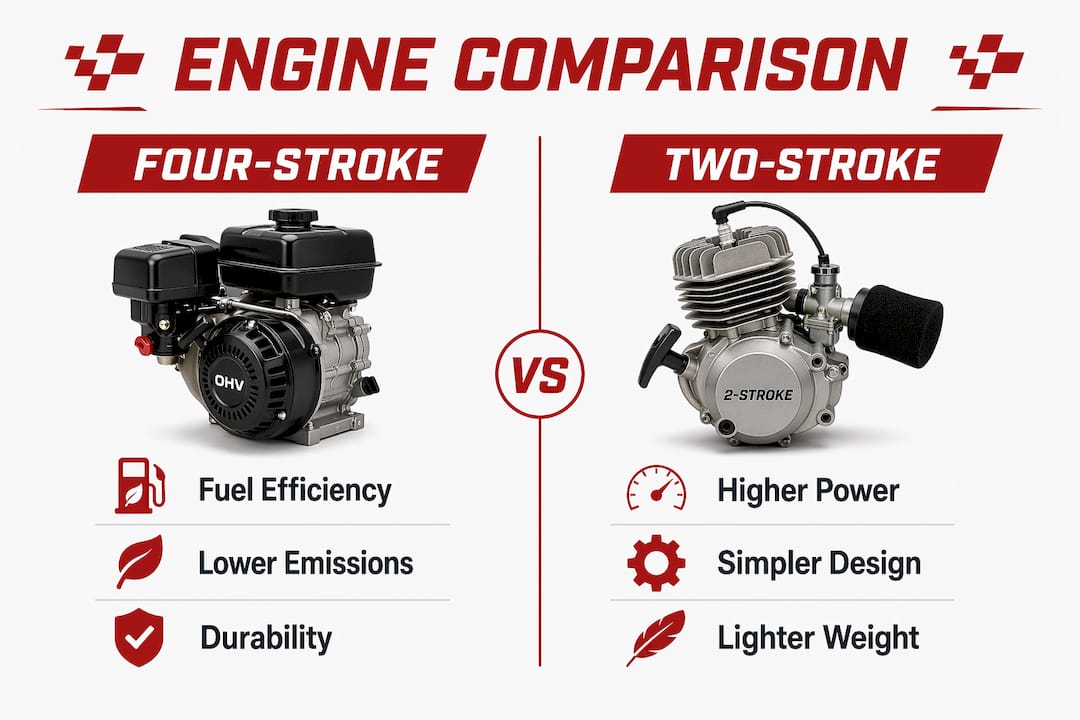 Infographic comparing four-stroke and two-stroke engines