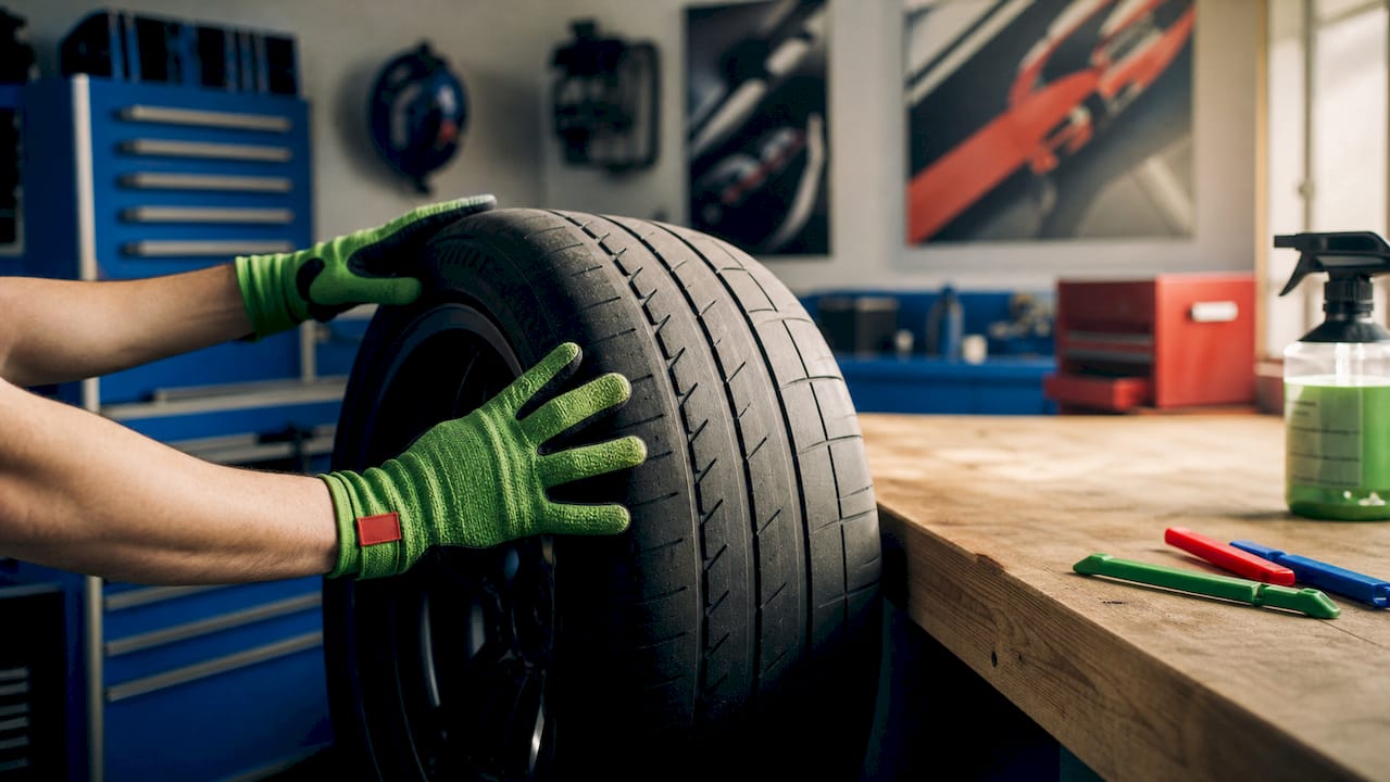 Hands testing tire sidewall stiffness close-up