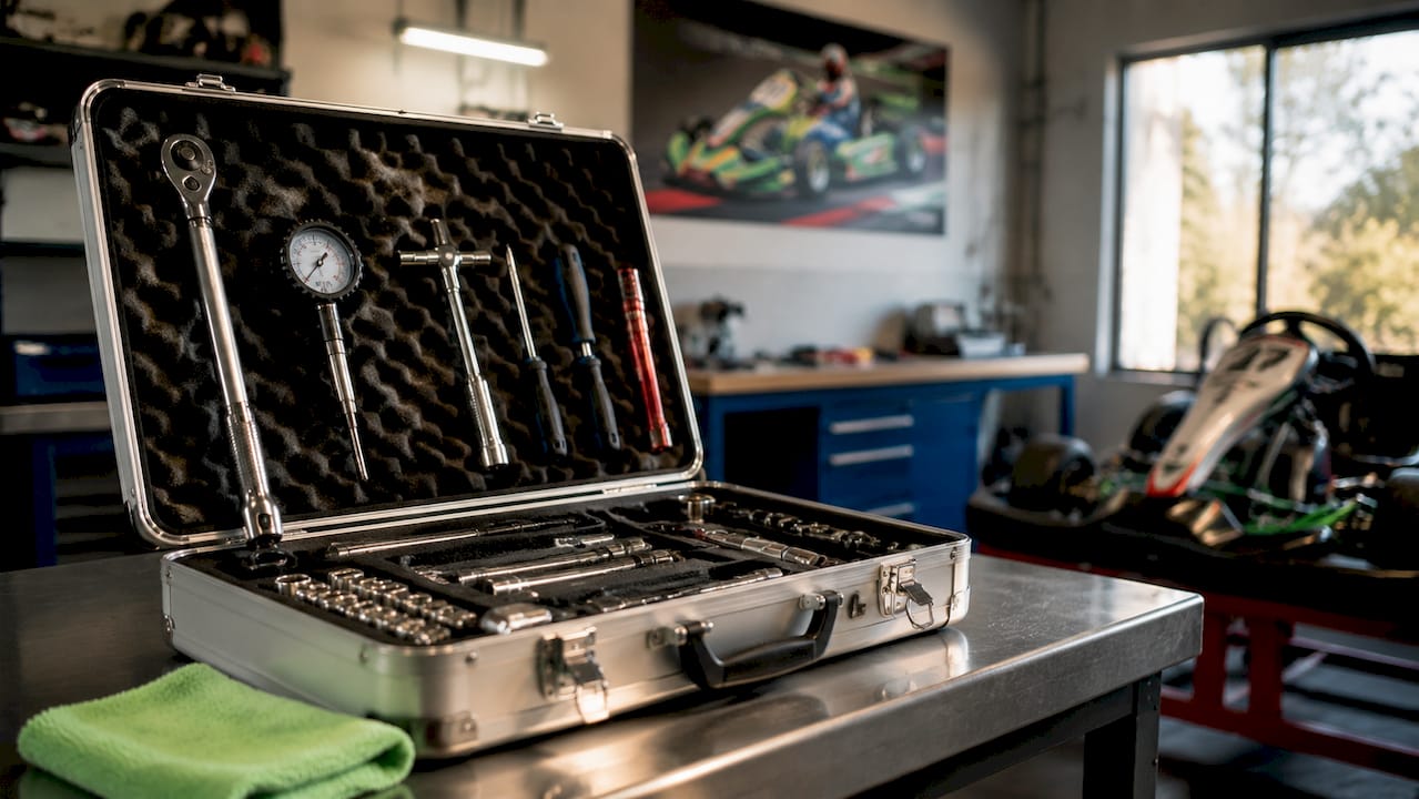 Open toolbox with essential go-kart inspection tools
