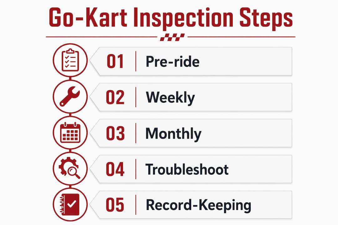 Infographic illustrating routine go-kart inspection steps